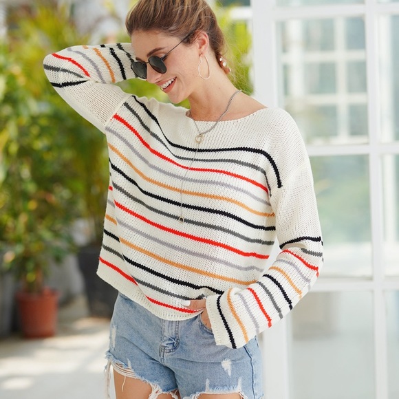 ♦️🎊Free Breeze Colorful Striped Sweater Cream - Picture 6 of 7